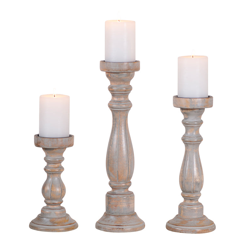 Rustic Carved Wooden Pillar Candle Holder Set