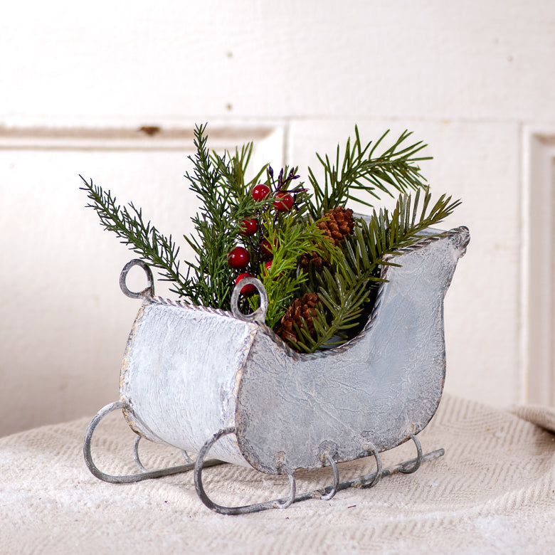 7-Inch Tin Sleigh in Rustic White Wash