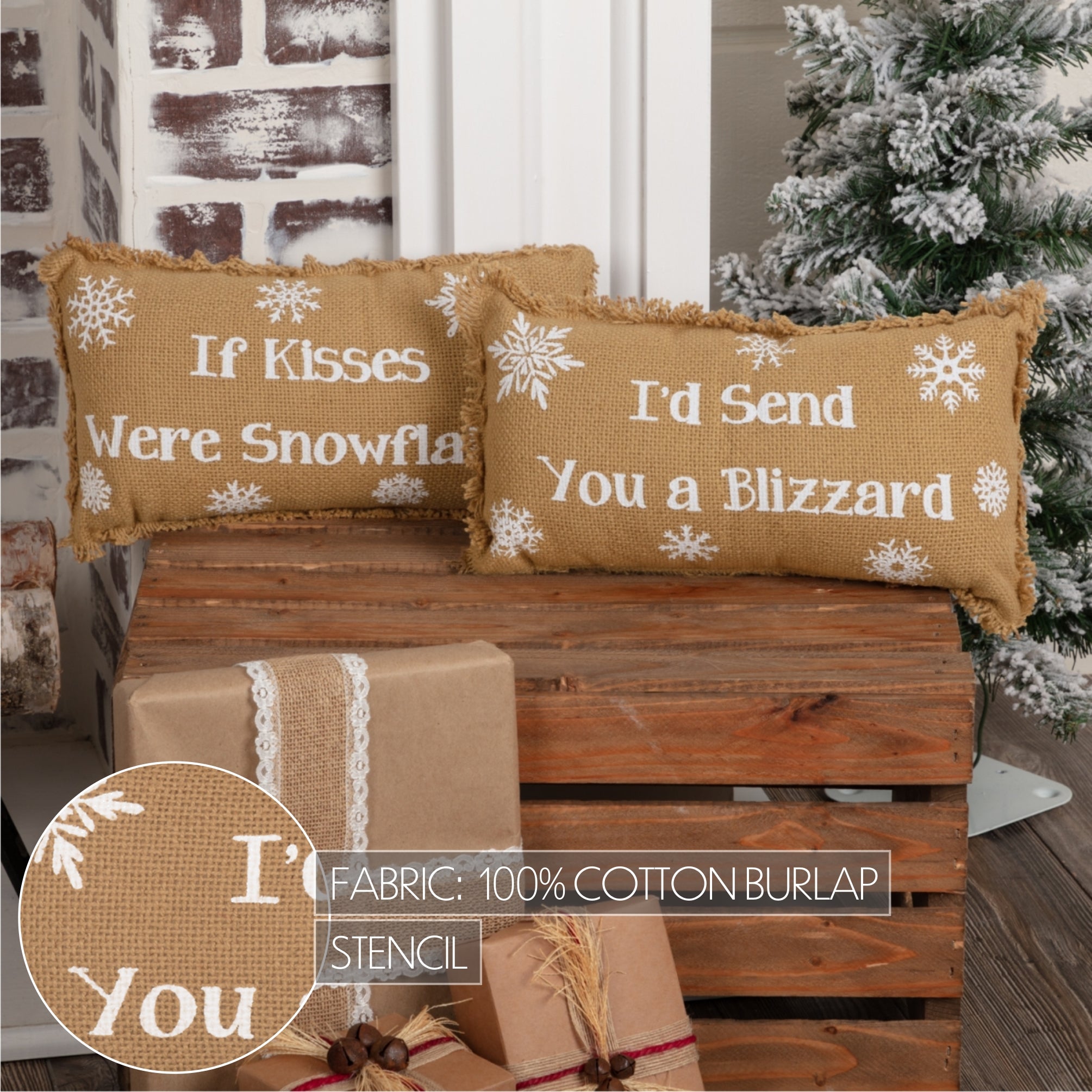 Snowflake Burlap Natural Pillow If Kisses..Snowflakes Set of 2 7x13