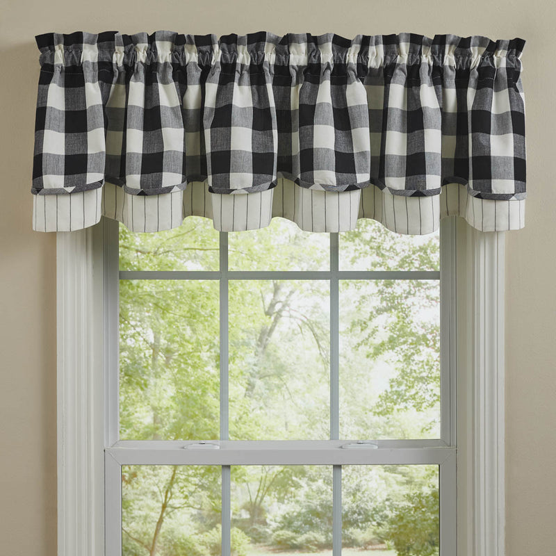 WICKLOW CHECK LINED LAYERED VALANCE 72X16 -  BLACK/CREAM
