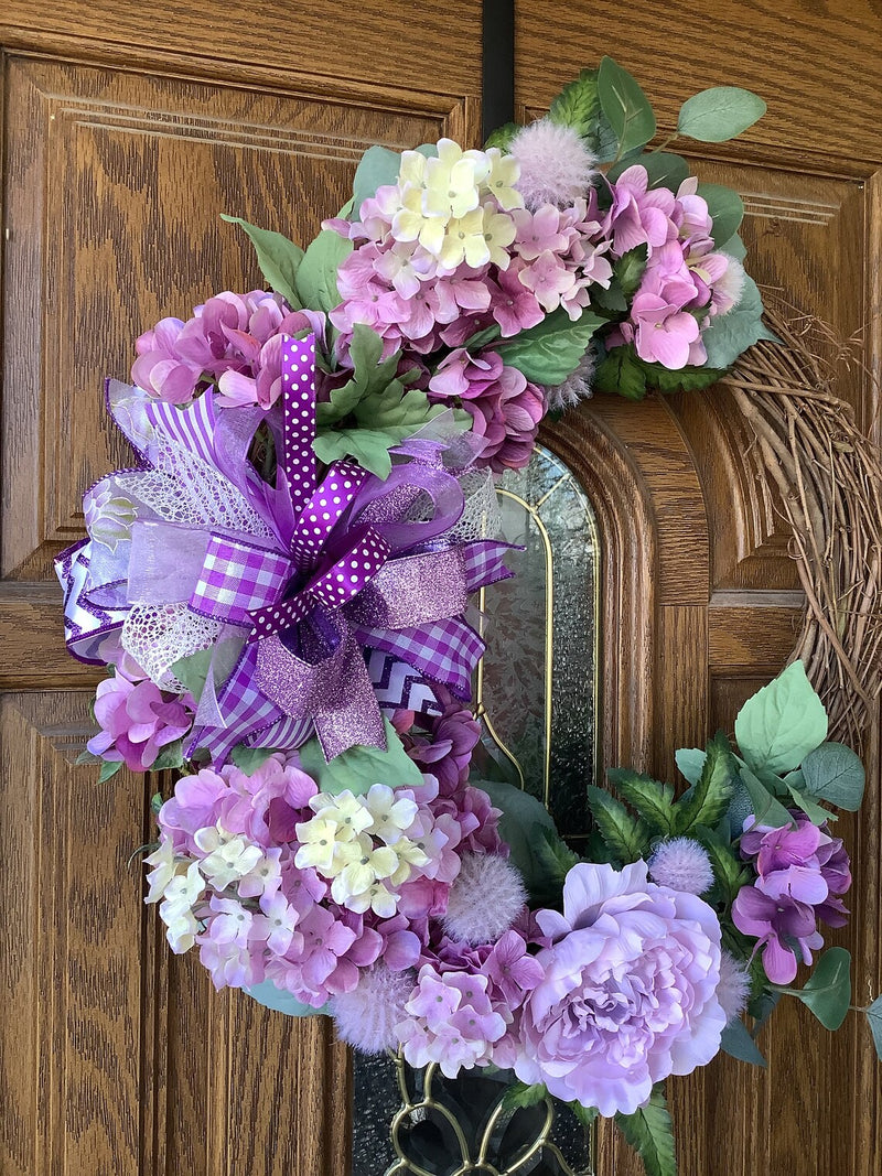 Purple Floral Grapevine Spring Wreath for Front Door with Lilacs Peonies and Hydrangeas