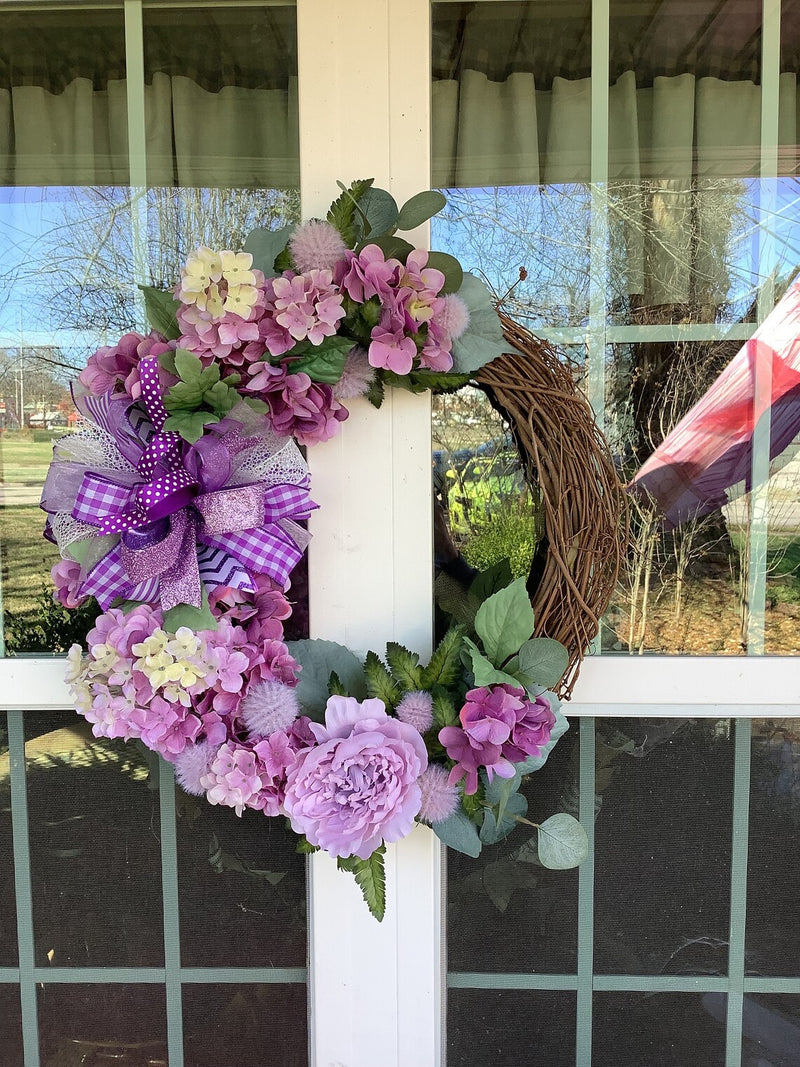 Purple Floral Grapevine Spring Wreath for Front Door with Lilacs Peonies and Hydrangeas