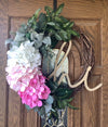 Pink Ombré Hydrangea Floral Grapevine Wreath for Front Door with Sign