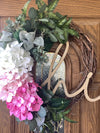 Pink Ombré Hydrangea Floral Grapevine Wreath for Front Door with Sign