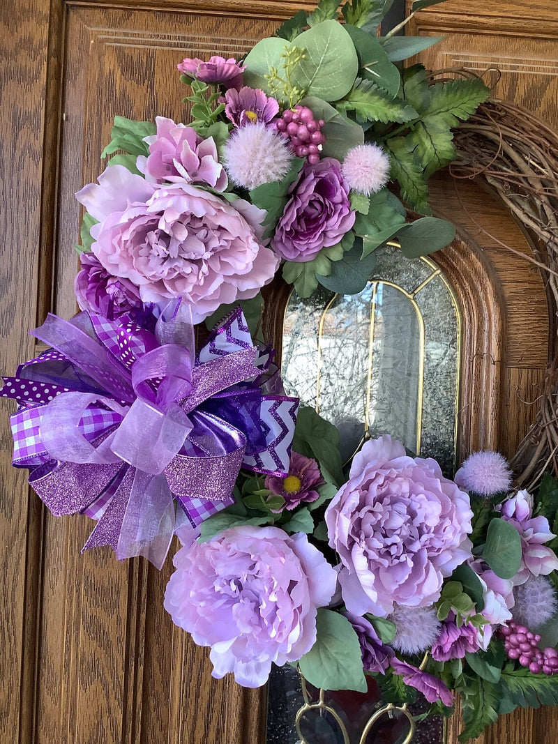 Purple Floral Grapevine Spring Wreath for Front Door with Peonies, Greenery and Bow