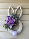 Cream Easter Bunny Wreath with Purple Bow, Purple Flowers and Greenery