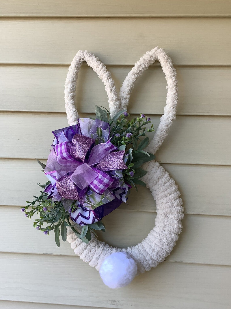Cream Easter Bunny Wreath with Purple Bow, Purple Flowers and Greenery