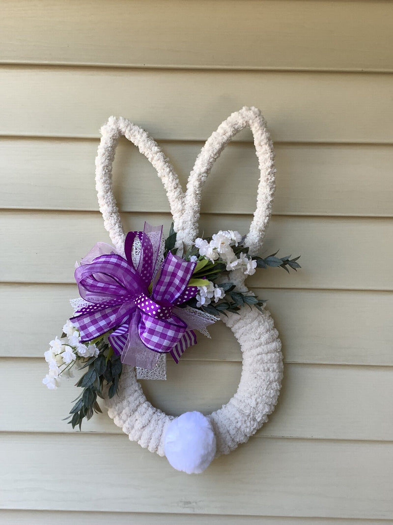 Cream Easter Bunny Wreath with Purple Bow, Off White Flowers and Greenery