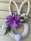 Cream Easter Bunny Wreath with Purple Bow, Off White Flowers and Greenery