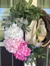 Pink Ombré Hydrangea Floral Grapevine Wreath for Front Door with Sign