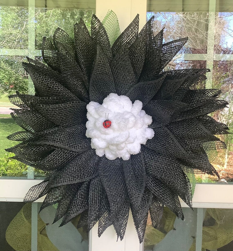 Black White Mesh Flower Wreath for Front Door with Ladybug