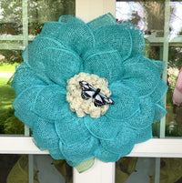 Turquoise Blue Mesh Flower Wreath for Front Door with Butterfly