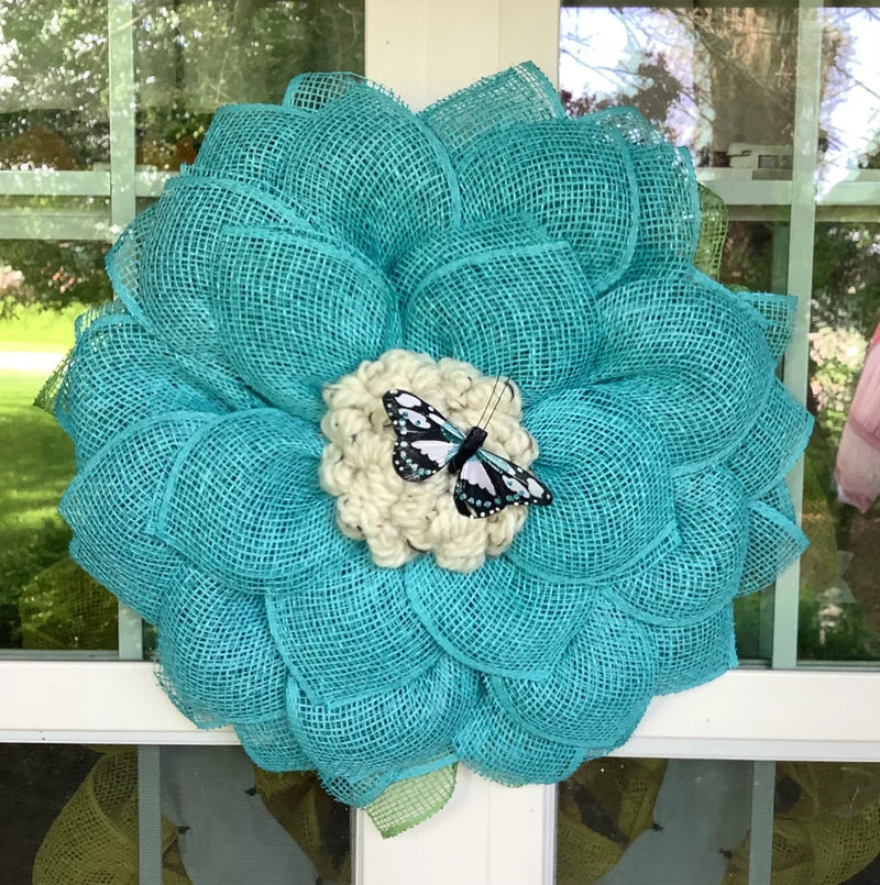 Turquoise Blue Mesh Flower Wreath for Front Door with Butterfly