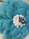 Turquoise Blue Mesh Flower Wreath for Front Door with Butterfly