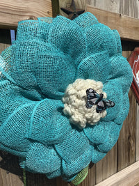 Turquoise Blue Mesh Flower Wreath for Front Door with Butterfly