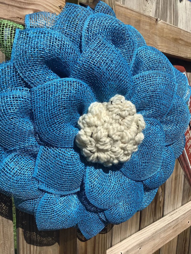 Blue Mesh Flower Wreath for Front Door