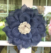 Navy Blue Mesh Flower Wreath for Front Door with Dragonfly