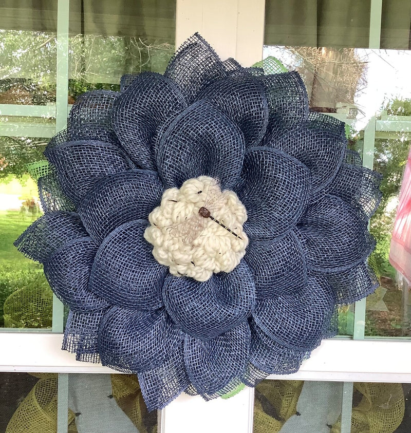 Navy Blue Mesh Flower Wreath for Front Door with Dragonfly