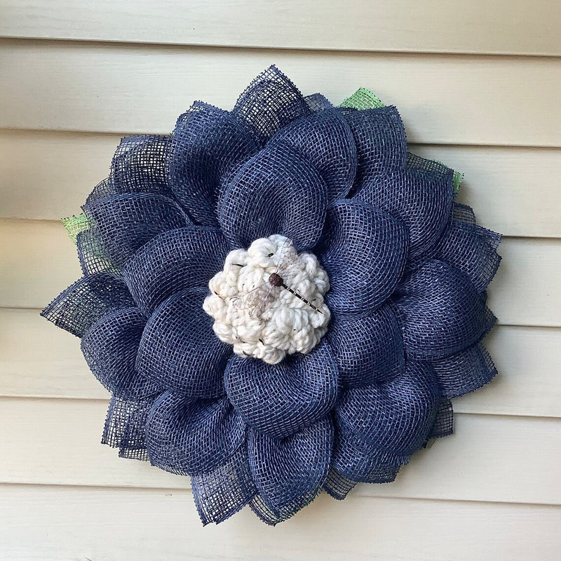 Navy Blue Mesh Flower Wreath for Front Door with Dragonfly