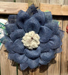 Navy Blue Mesh Flower Wreath for Front Door with Dragonfly