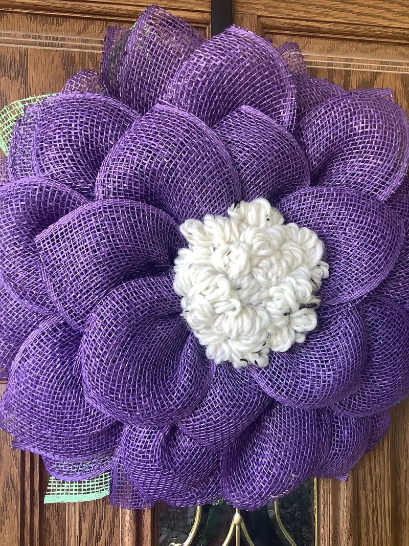 Purple Mesh Flower Wreath for Front Door, Spring Wreath