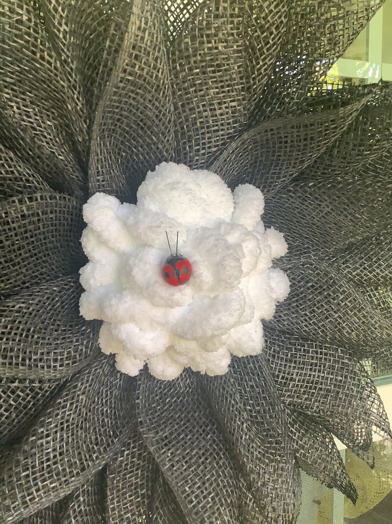 Black White Mesh Flower Wreath for Front Door with Ladybug