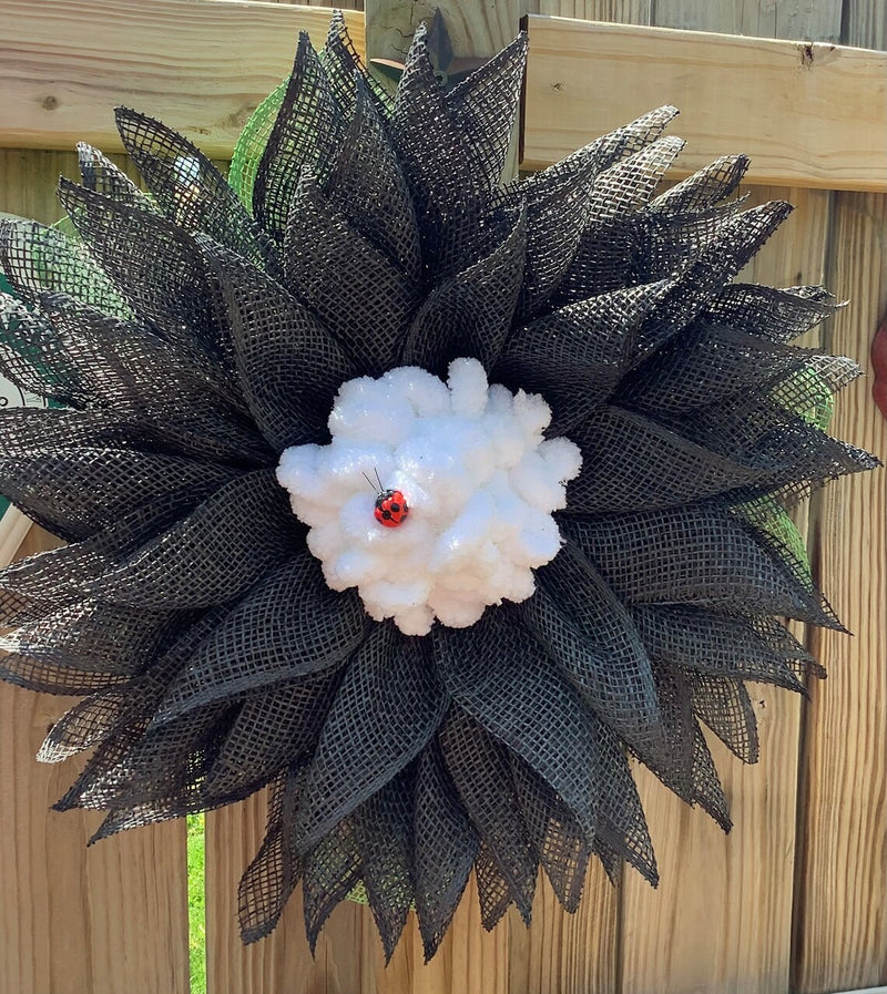 Black White Mesh Flower Wreath for Front Door with Ladybug