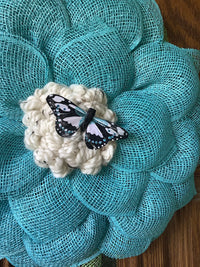 Turquoise Blue Mesh Flower Wreath for Front Door with Butterfly