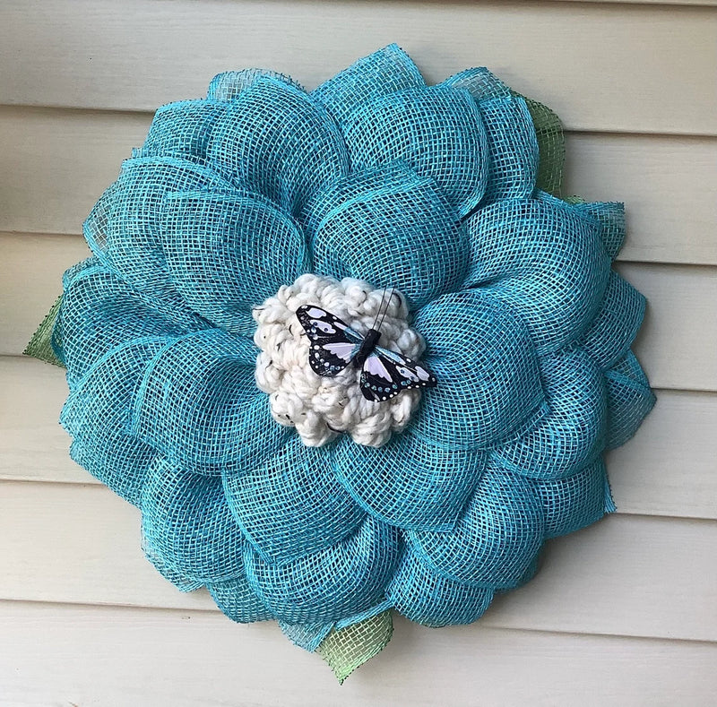 Turquoise Blue Mesh Flower Wreath for Front Door with Butterfly