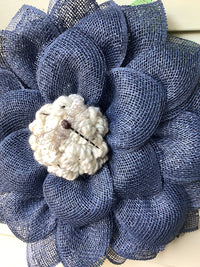 Navy Blue Mesh Flower Wreath for Front Door with Dragonfly