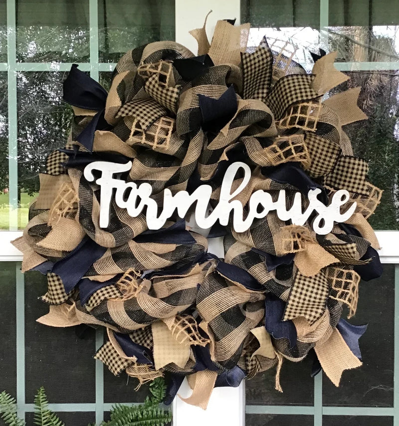 Black and Tan Plaid Mesh Farmhouse Wreath