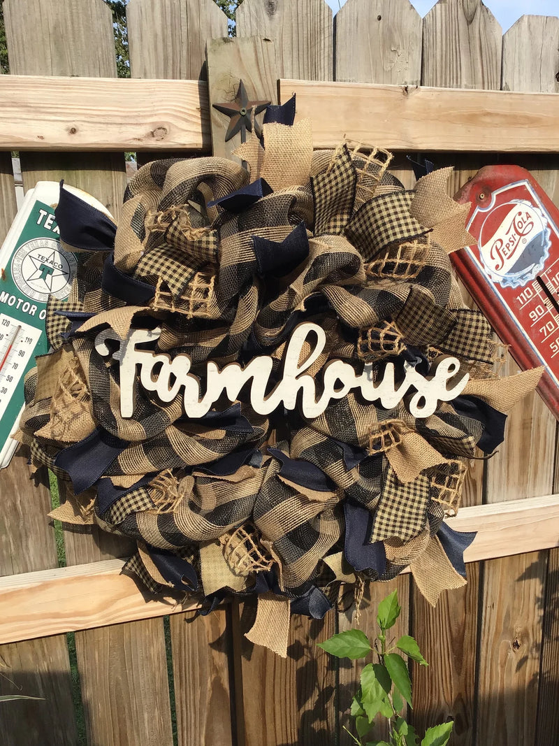 Black and Tan Plaid Mesh Farmhouse Wreath