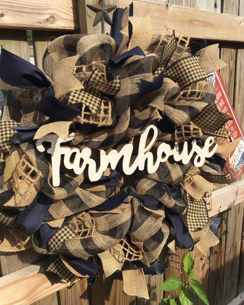 Black and Tan Plaid Mesh Farmhouse Wreath