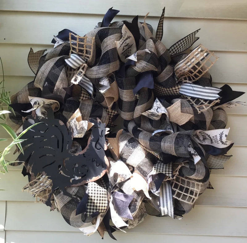 Black and Tan Plaid Mesh Rooster Wreath