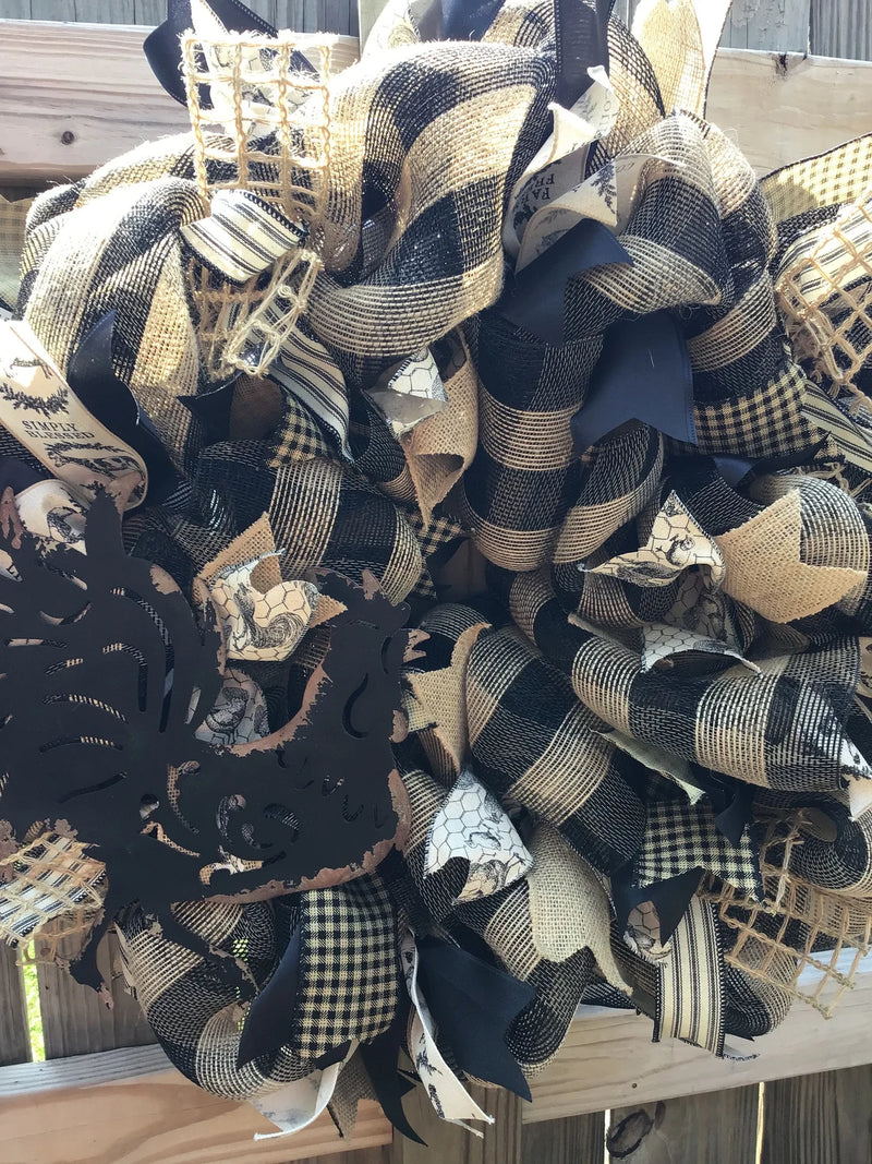 Black and Tan Plaid Mesh Rooster Wreath