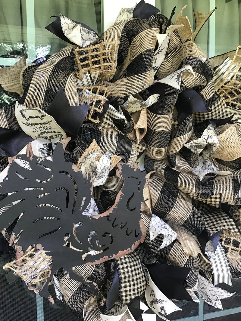 Black and Tan Plaid Mesh Rooster Wreath