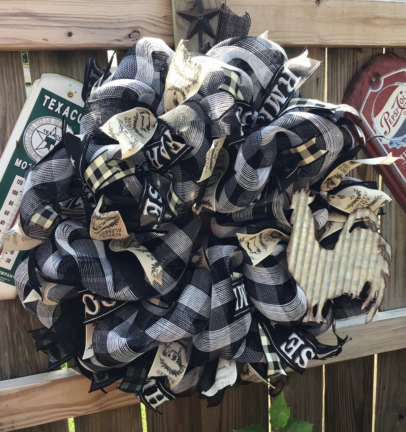 Black and White Plaid Mesh Rooster Wreath