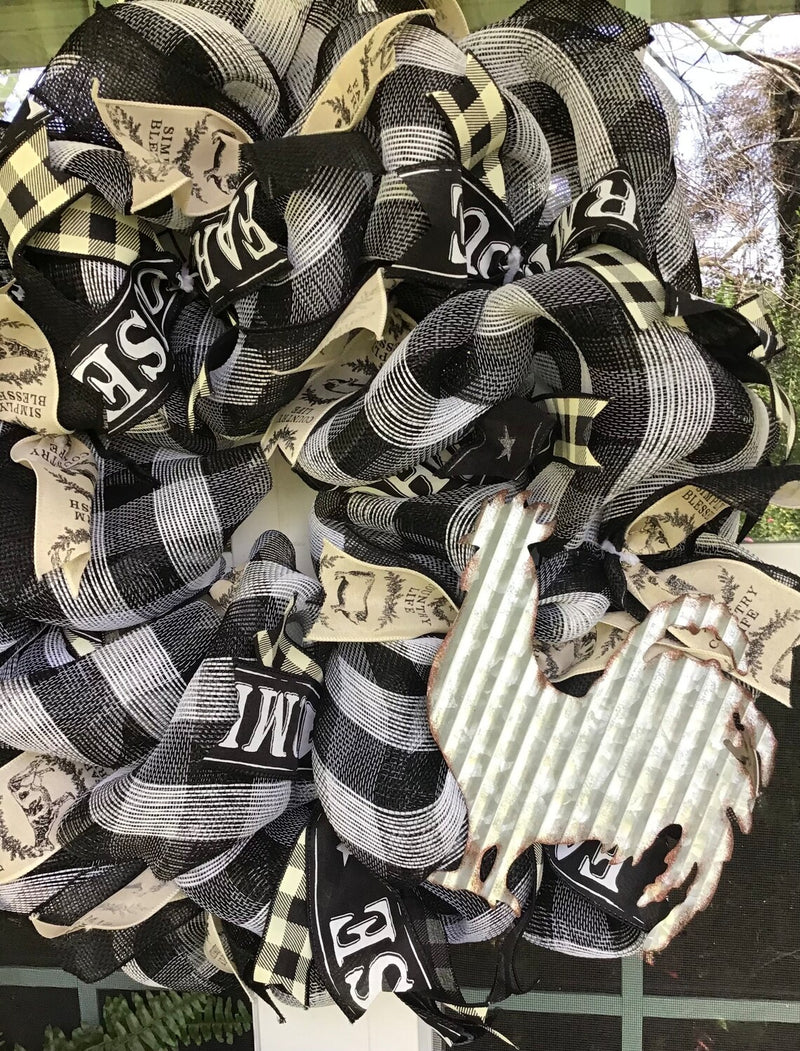 Black and White Plaid Mesh Rooster Wreath