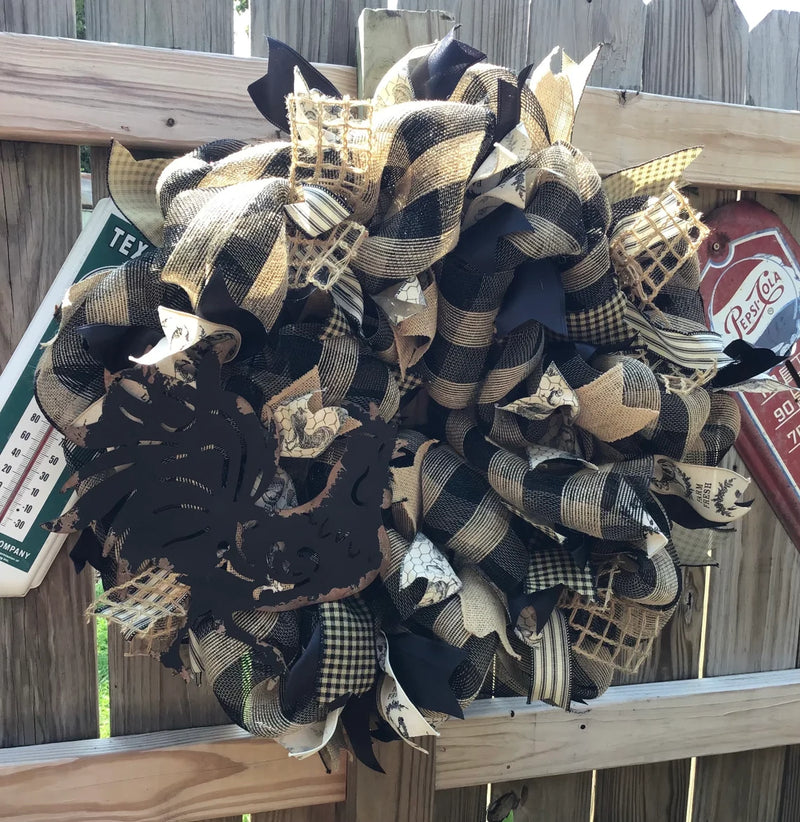 Black and Tan Plaid Mesh Rooster Wreath