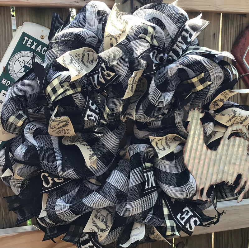 Black and White Plaid Mesh Rooster Wreath