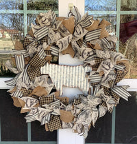 Black Tan and Cream Farmhouse Ribbon Wreath for Front Door with Corrugated Metal Cow