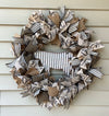 Black Tan and Cream Farmhouse Ribbon Wreath for Front Door with Corrugated Metal Cow