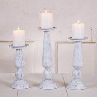 Metal Pedestal Pillar Candle Holder Set in Rustic White Wash