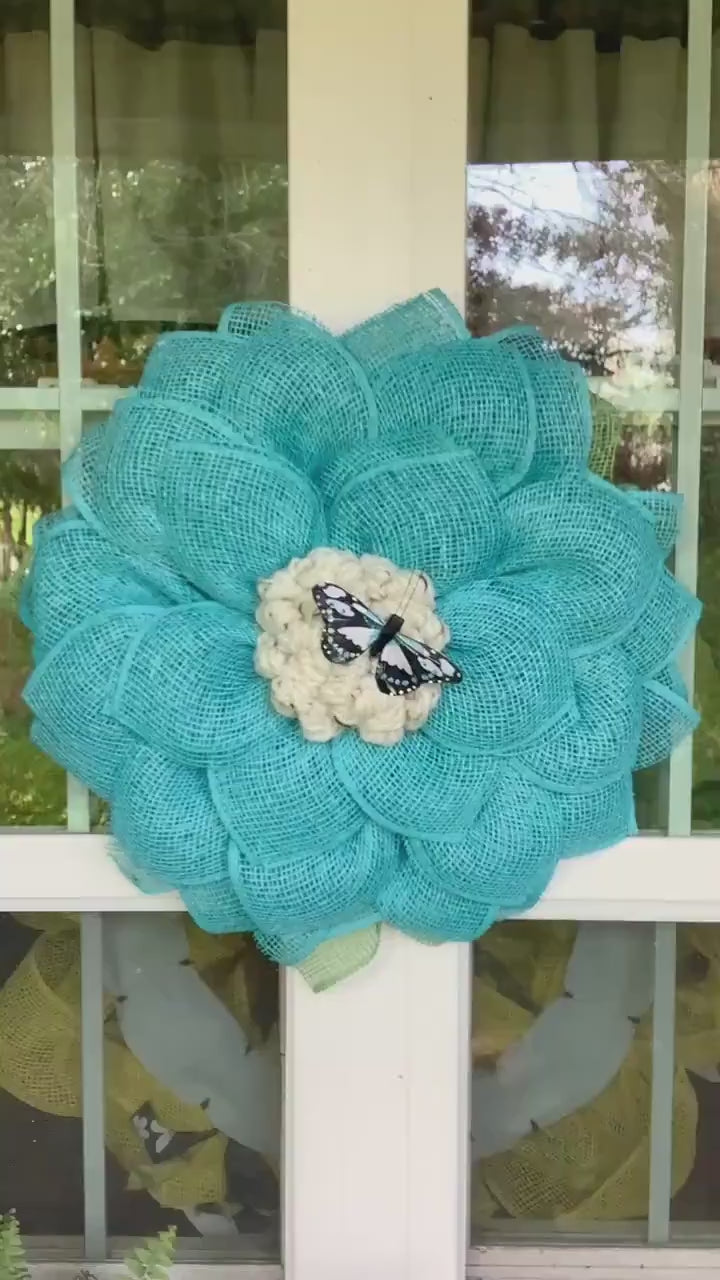 Turquoise Blue Mesh Flower Wreath for Front Door with Butterfly