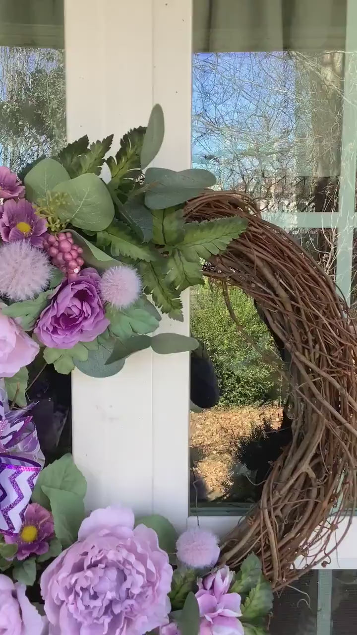 Purple Floral Grapevine Spring Wreath for Front Door with Peonies, Greenery and Bow