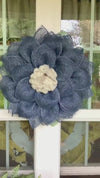 Navy Blue Mesh Flower Wreath for Front Door with Dragonfly