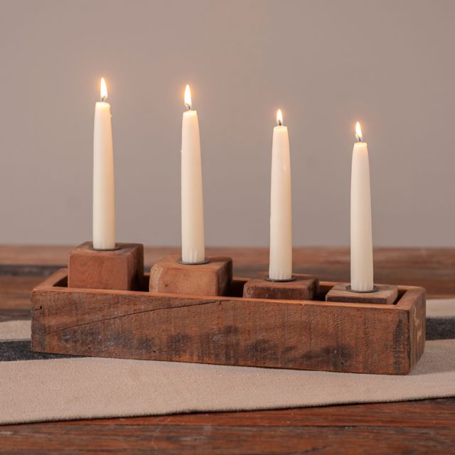 Vintage Wooden Tray with Wood Block Candle Holders
