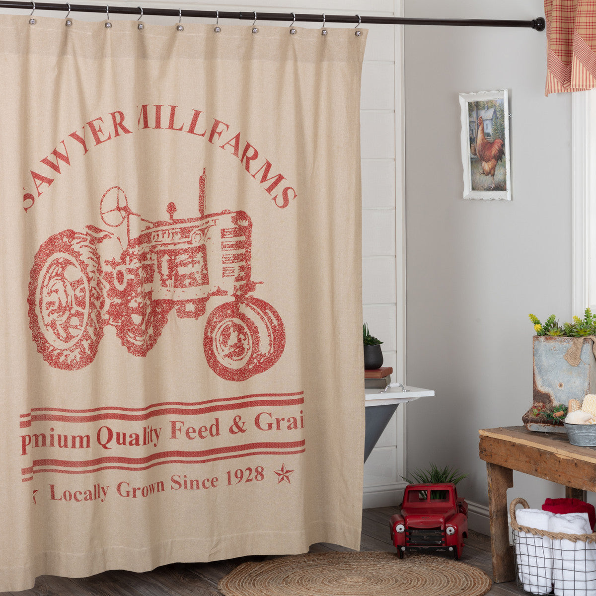 Sawyer Mill Red Tractor Shower Curtain 72x72 Room Scene