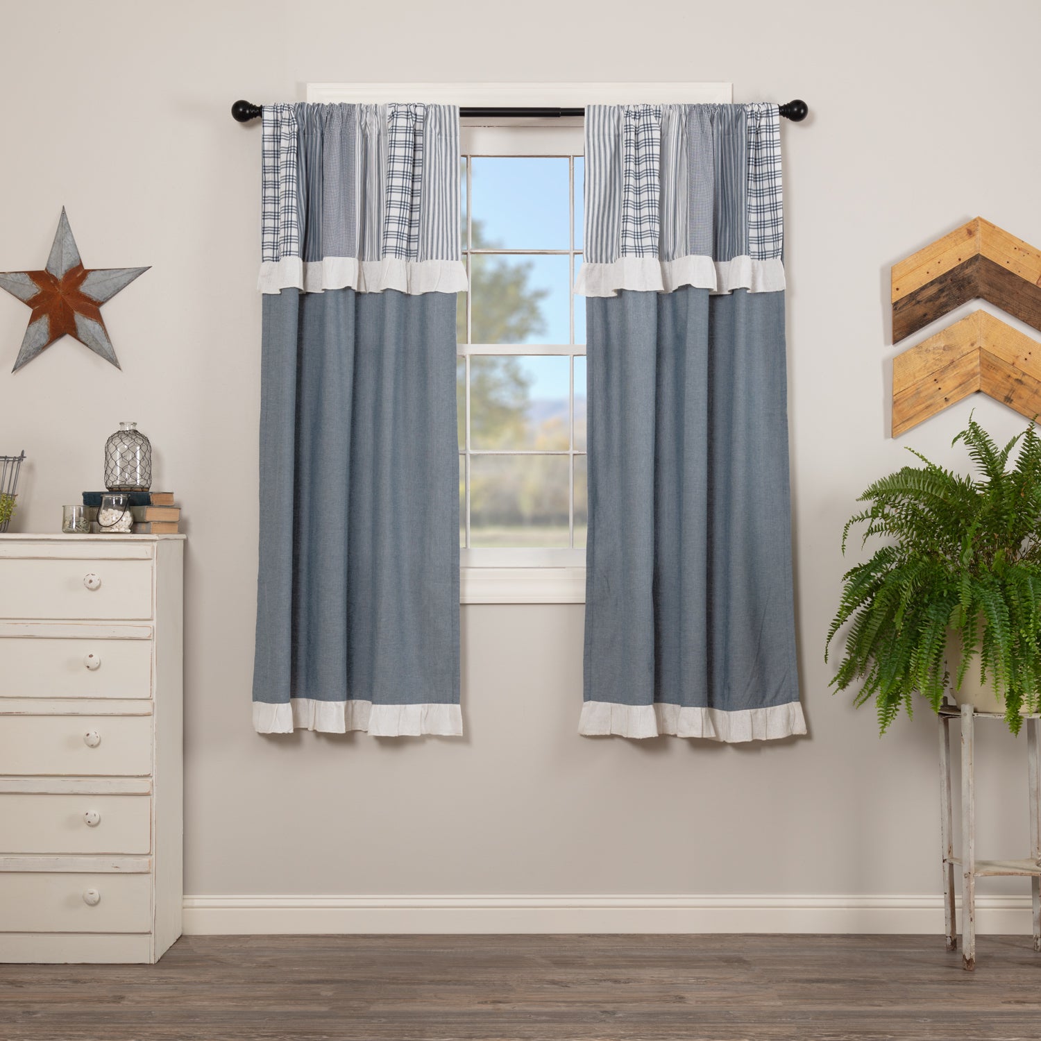 Sawyer Mill Blue Short Panel with Attached Patchwork Valance Set of 2 63x36