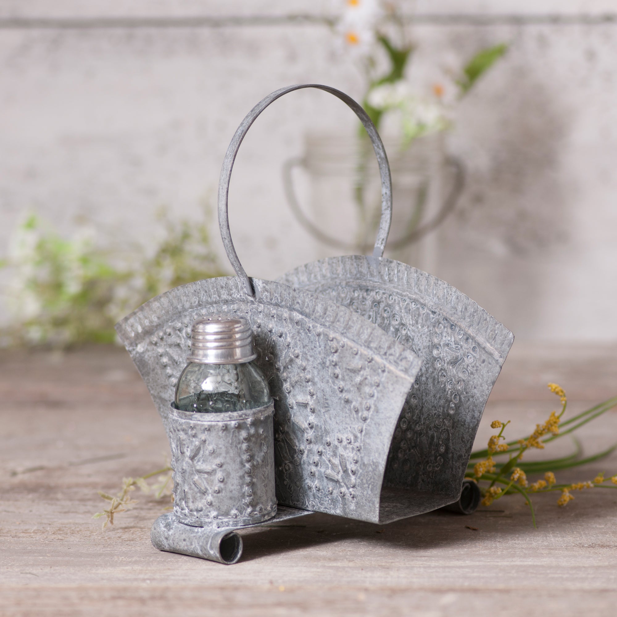 Napkin and Shaker Holder in Weathered Zinc